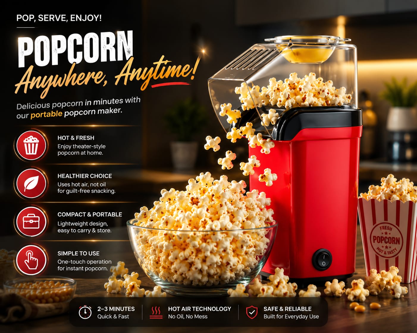 Portable Mini Electric Popcorn Maker. Oil-Free