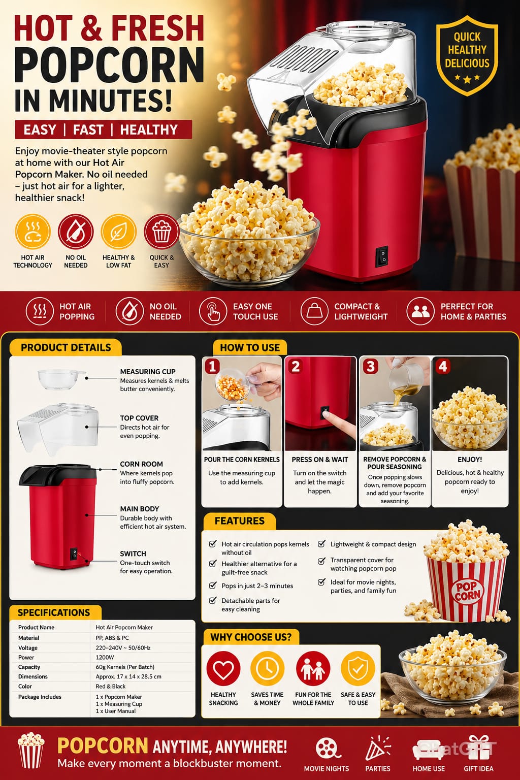 Portable Mini Electric Popcorn Maker. Oil-Free